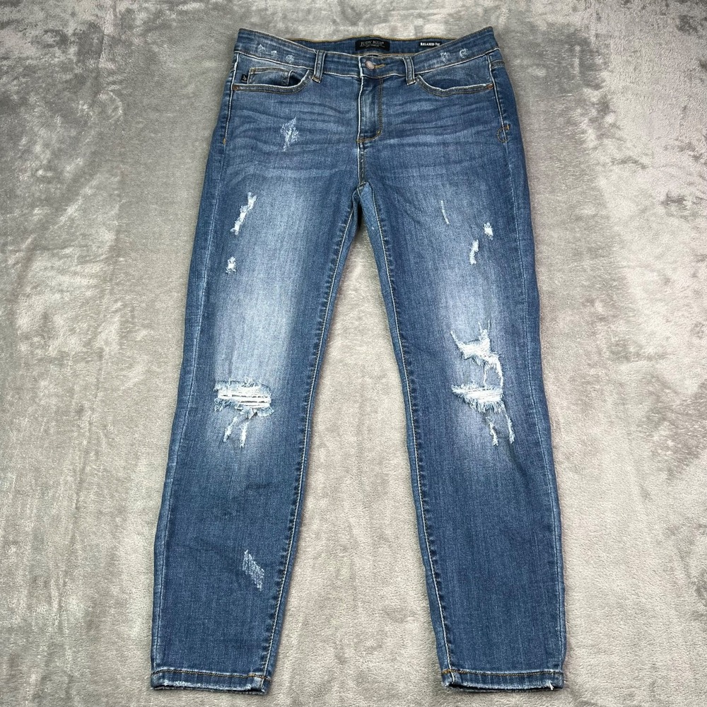 Judy Blue Jeans Womens 31 Blue Relaxed Fit Ripped Stretch Medium Wash Denim‎